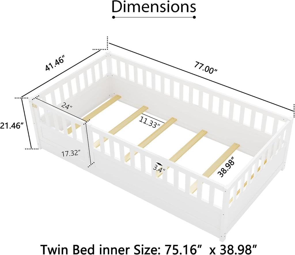 Twin Floor Bed with Slats and High Fence, Twin Size Montessori Floor Beds with Door, No Box Spring Needed, Easy Assemble Montessori Bed Frame(White Twin)