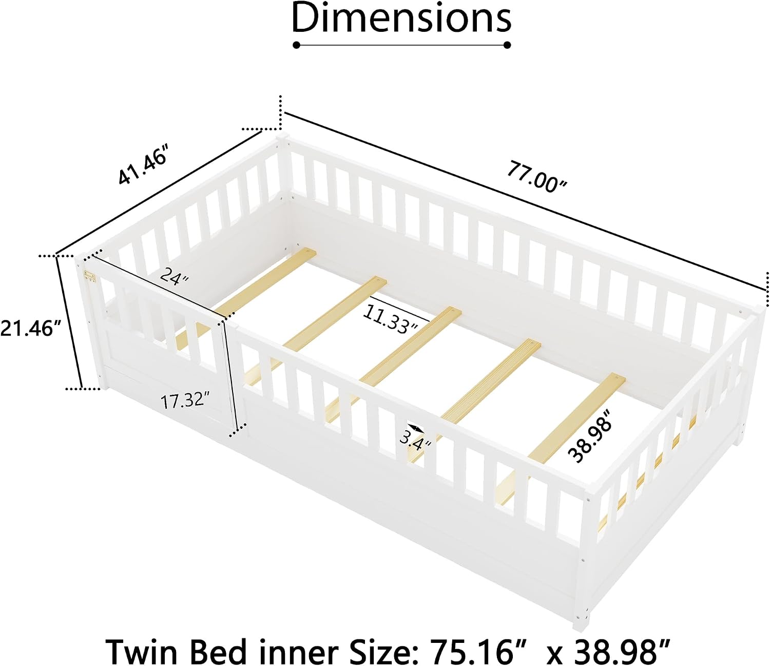 Twin Floor Bed with Slats and High Fence, Twin Size Montessori Floor Beds with Door, No Box Spring Needed, Easy Assemble Montessori Bed Frame(White Twin)