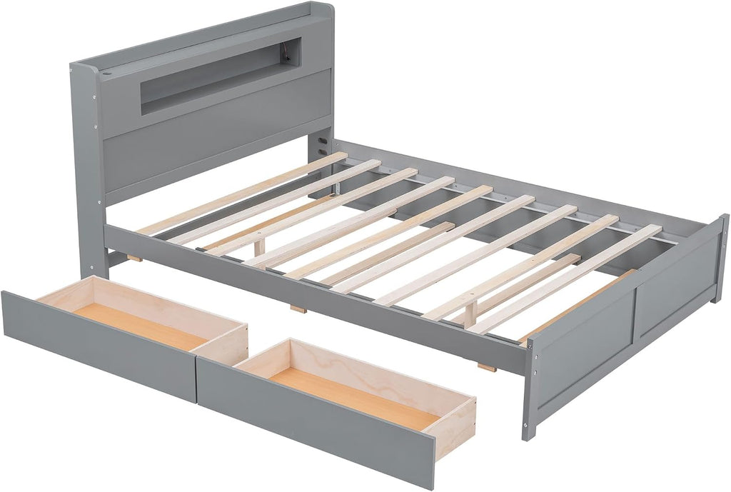 Merax Queen Size Platform Bed Frame with 2 Drawers and Twin Size Trundle, Gray Queen Bed Frame with Headboard, No Box Spring Needed