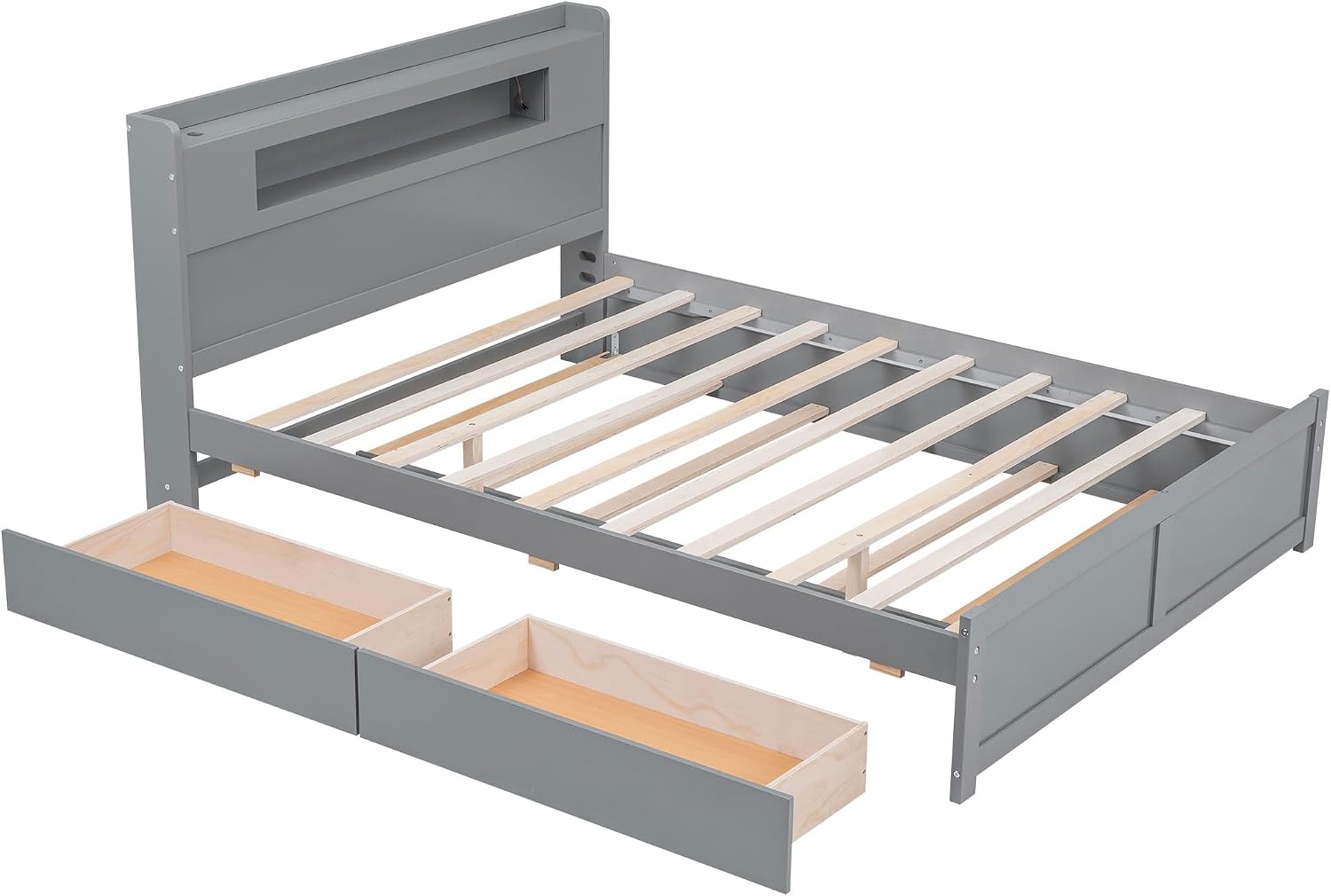 Merax Queen Size Platform Bed Frame with 2 Drawers and Twin Size Trundle, Gray Queen Bed Frame with Headboard, No Box Spring Needed
