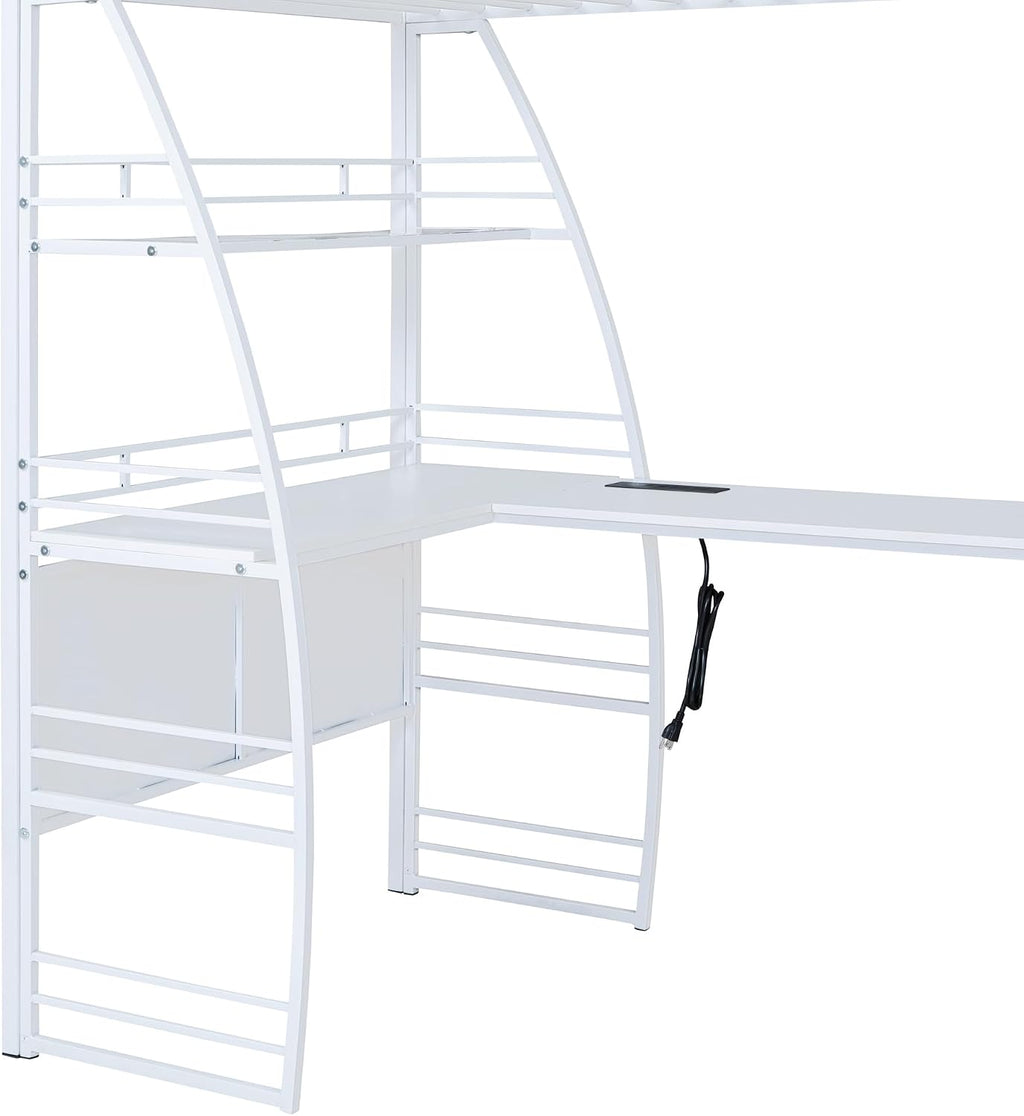 Metal Twin Size Loft Bed with 4 Layers of Shelves and L-Shaped Desk,a Set of Sockets, USB Ports and Wireless Charging,for Kids Teens Adults Bedroom (Twin, White@Charging)