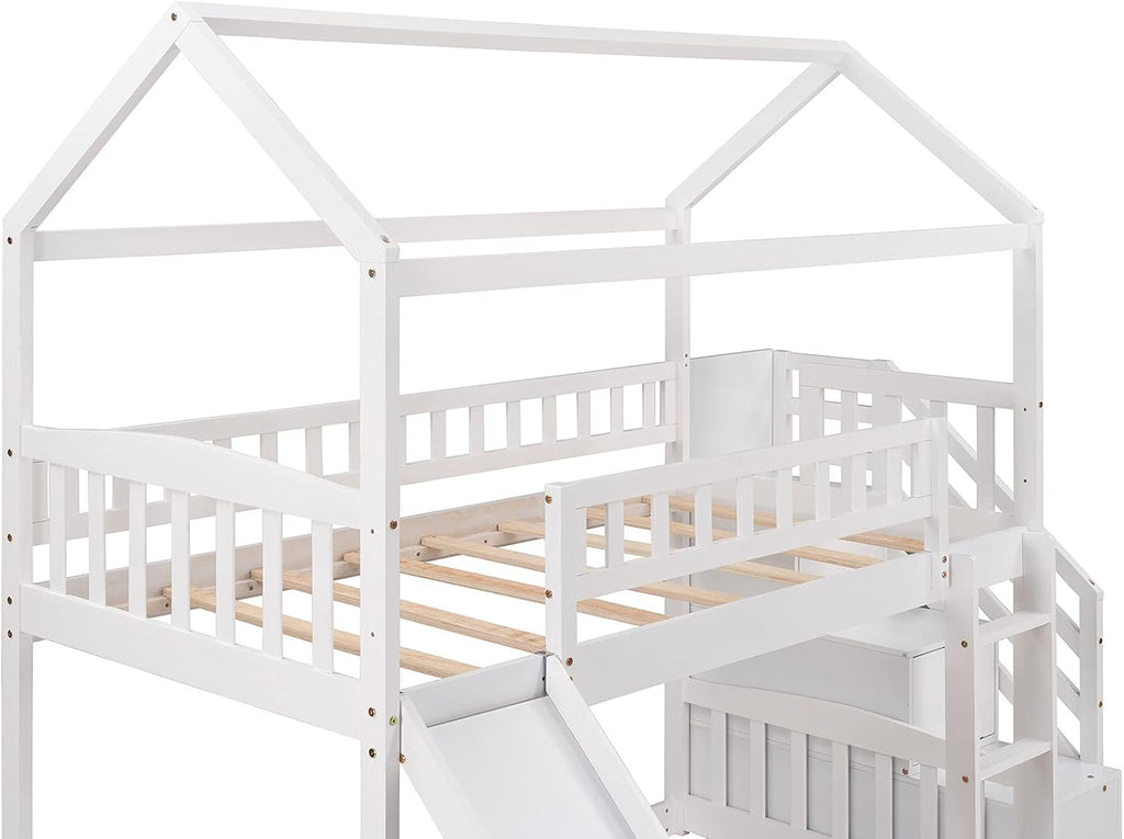 Twin Over Twin Bunk Beds with Slide and Storage Steps, Bunk Bed for Kids Toddlers, Playhouse Farmhouse Roof Guardrail Ladder 2 Drawers, for Girls/Boys, No Spring Box Required (White+Storage Steps)