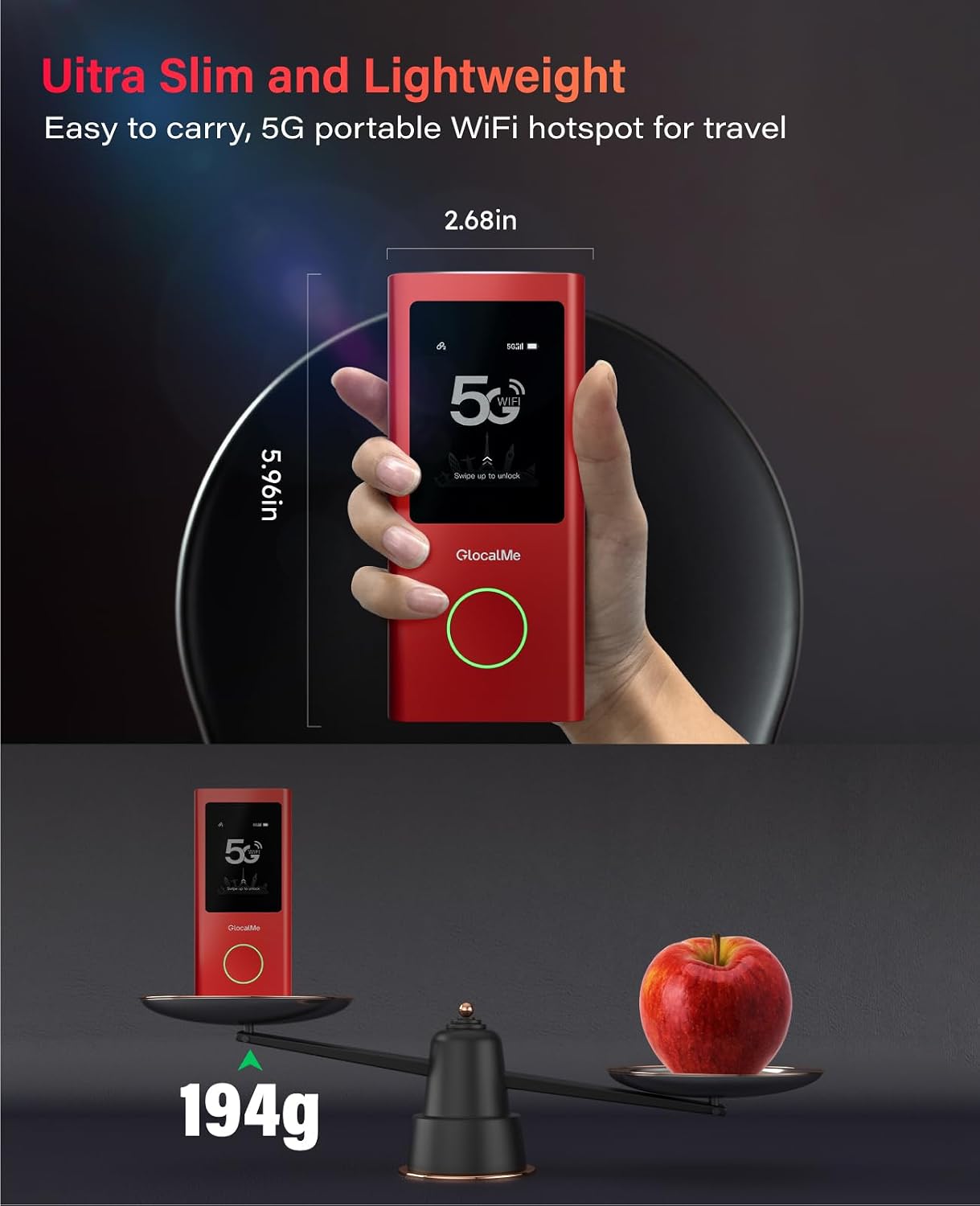 GlocalMe Red Numen Air 5G Mobile Hotspot, Portable WiFi Hotspot for Travel in 200+ Countries, Ultra High Speed WiFi Device with Speed Up to 2.5Gbps, No SIM Card Required, 16 Connected Devices