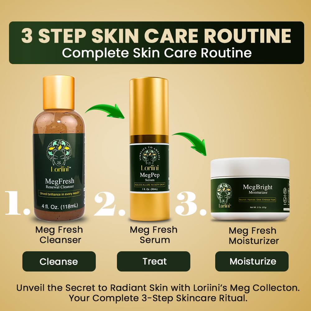 Loriini™ Meg Collection – Skincare Set for Women, MegPep Peptide Serum with Hyaluronic Acid, MegFresh Cleanser Exfoliating Face Wash, MegBright Moisturizer for Dark Spots - Gifts for Mom