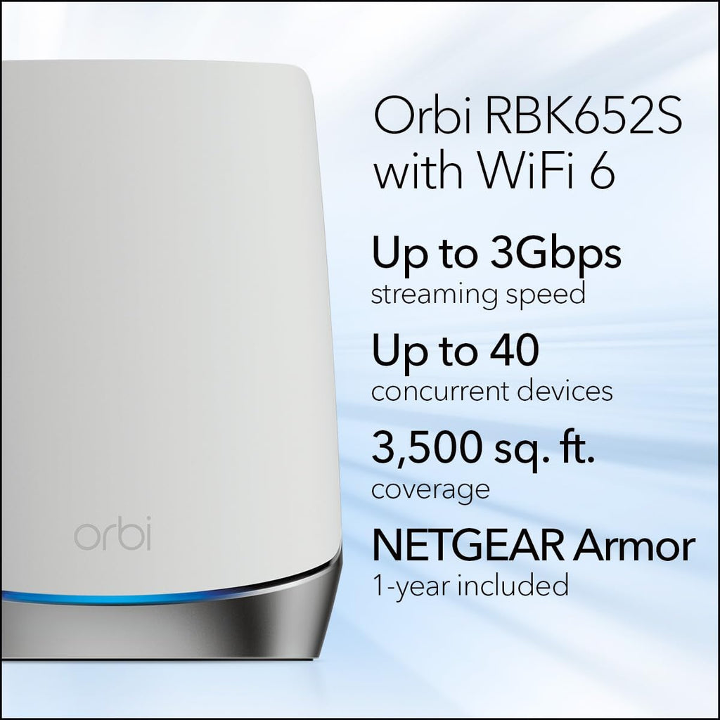 NETGEAR Orbi Whole Home Tri-Band Mesh WiFi 6 System (RBK652S) – Router + 1 Satellite Extender - Security Features - Coverage up to 3,500 sq. ft., 40 Devices - AX3000 (up to 3Gbps)
