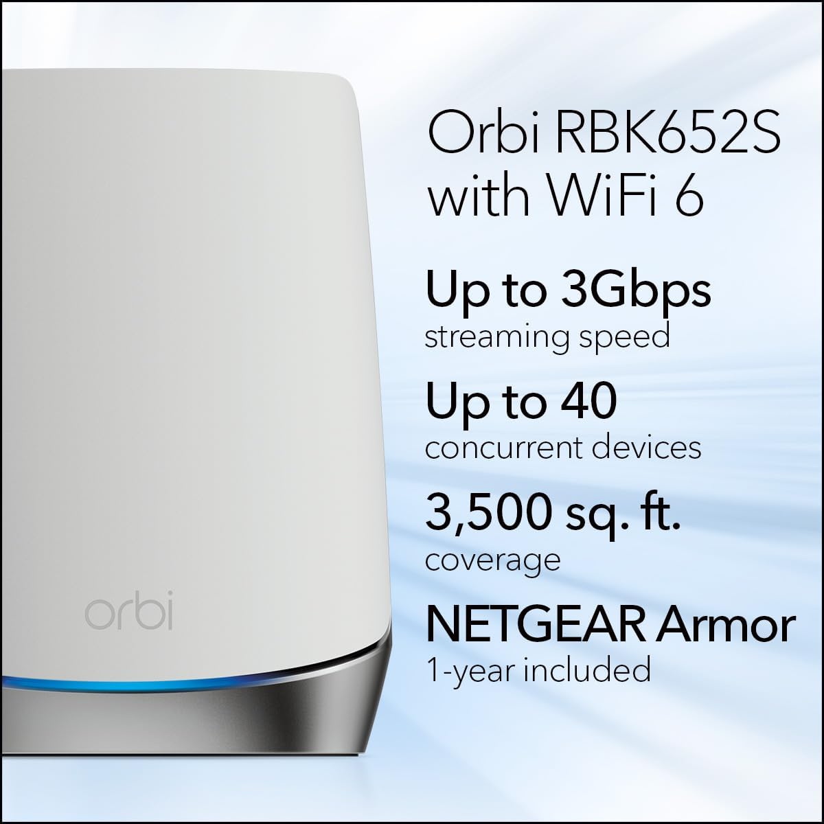 NETGEAR Orbi Whole Home Tri-Band Mesh WiFi 6 System (RBK652S) – Router + 1 Satellite Extender - Security Features - Coverage up to 3,500 sq. ft., 40 Devices - AX3000 (up to 3Gbps)