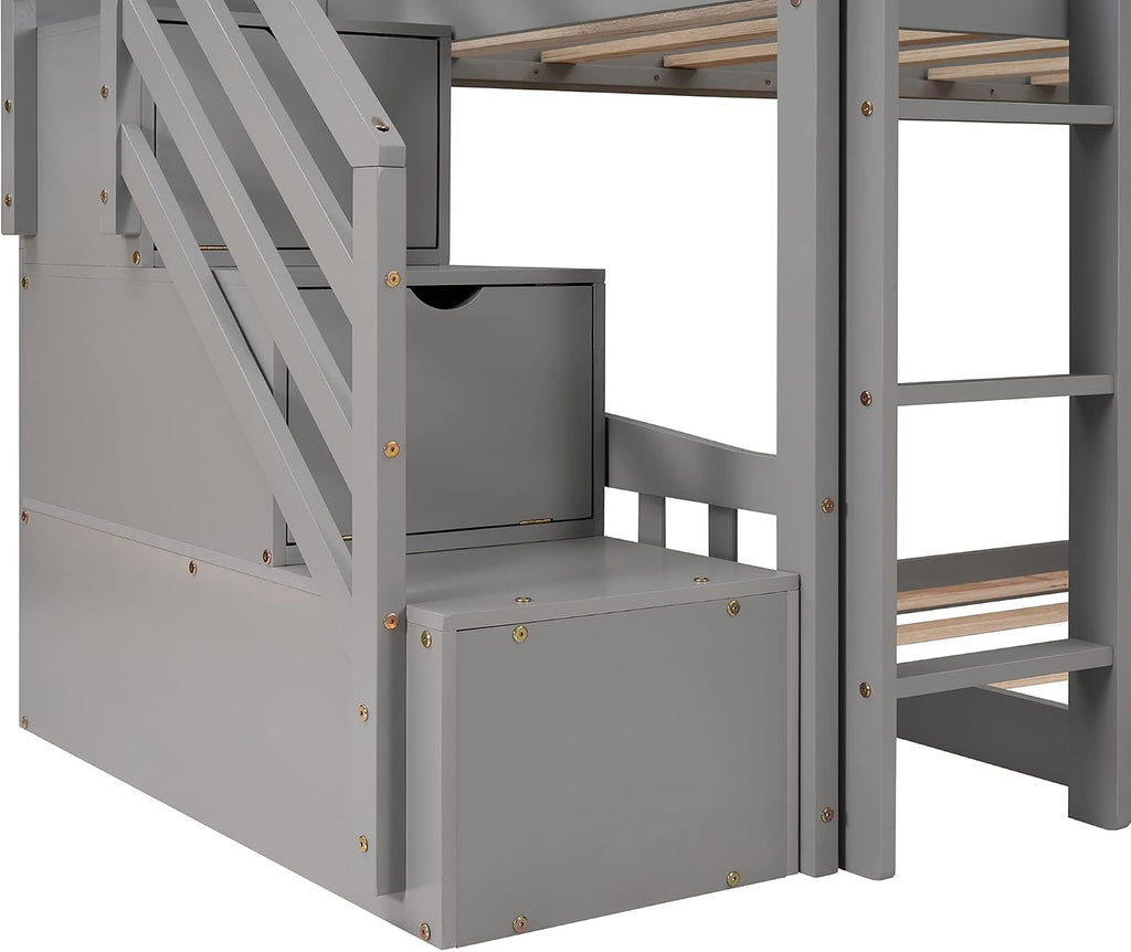 Twin Over Twin Bunk Beds with Slide and Storage Steps, Bunk Bed for Kids Toddlers, Playhouse Farmhouse Roof Guardrail Ladder 2 Drawers, for Girls/Boys, No Spring Box Required (Gray+Storage Steps)