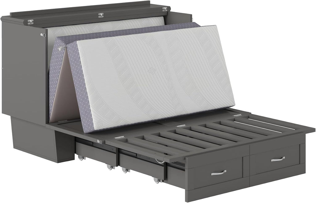 AFI, Monroe Full Murphy Bed Chest with 6' Mattress, Storage Drawer & Built-in USB Charger, Grey