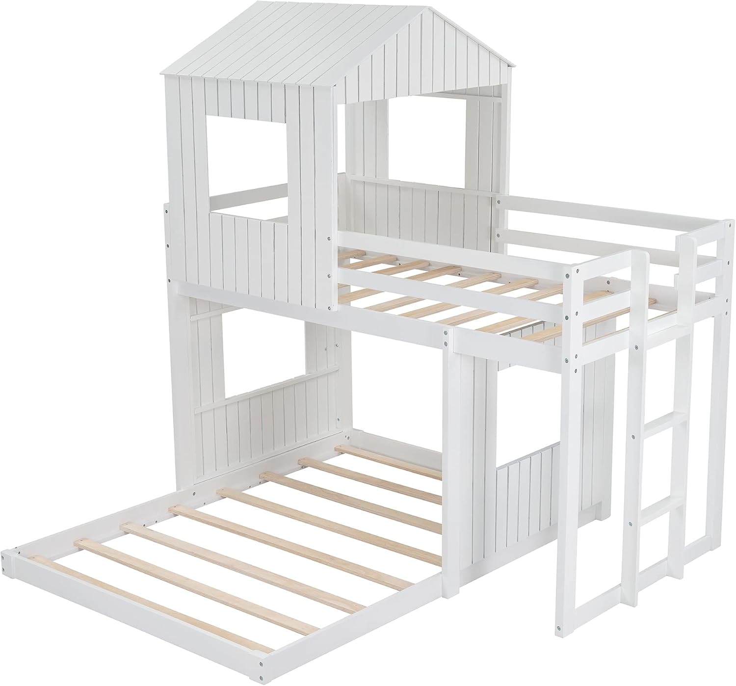 Twin Over Full Bunk Beds for Kids Toddlers, Wooden Play Farm House Bunk Bed with Roof Window Guardrail Ladder, for Girls Boys, No Spring Box Required (White-BUNK Bed-Twin-Full-4)