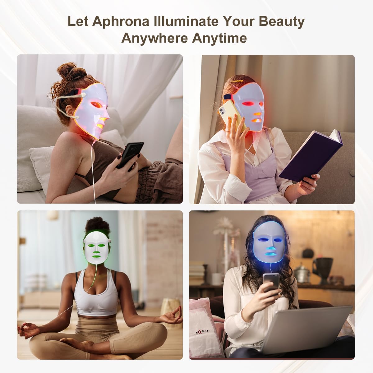 Aphrona FDA cleared LED Facial Mask MOONLIGHT PRO 7 Color Treatment Photon Mask, Red light Blue light for Acne Removal Wrinkle Reduction, led light therapy for face, 450 Powerful LED Chips (White)