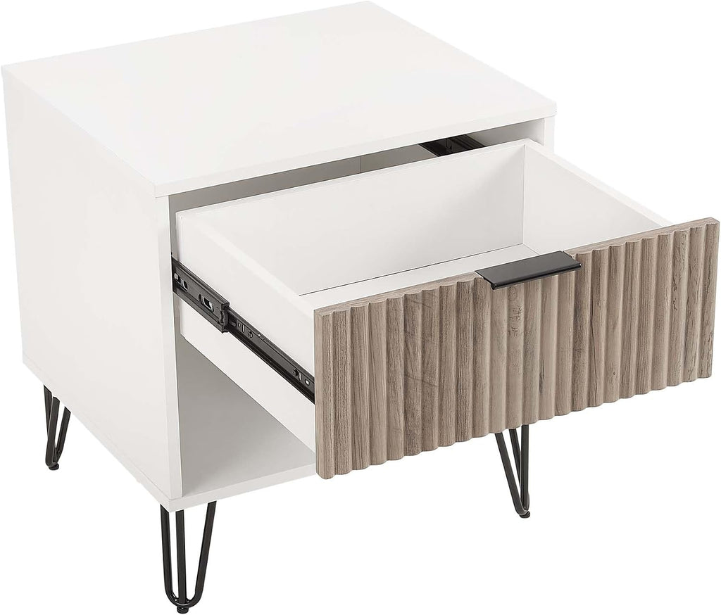 Manhattan Comfort Dumbo Modern Nightstand 1.0 with 1 Drawer and Metal Feet | Splayed Black Legs | Vertical Ribbed | No Tool Assembly Storage for Bedroom & Living Room, Set of 2, White and Rustic Grey