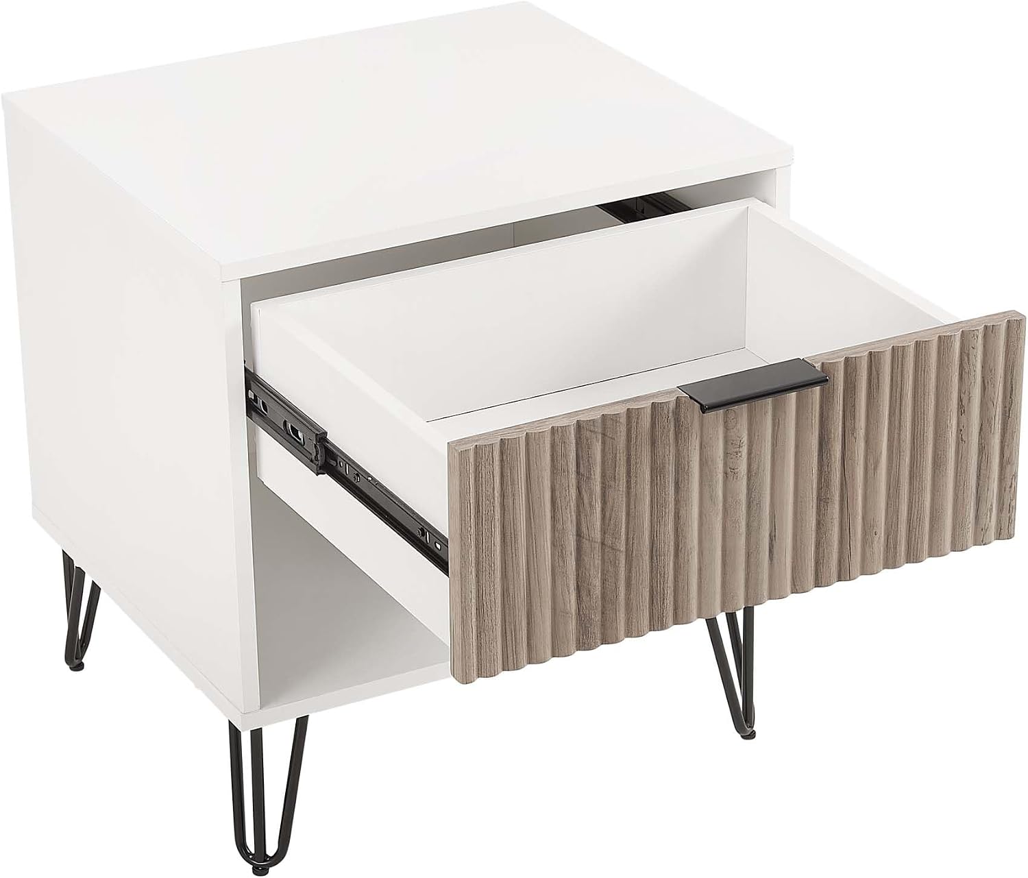 Manhattan Comfort Dumbo Modern Nightstand 1.0 with 1 Drawer and Metal Feet | Splayed Black Legs | Vertical Ribbed | No Tool Assembly Storage for Bedroom & Living Room, Set of 2, White and Rustic Grey