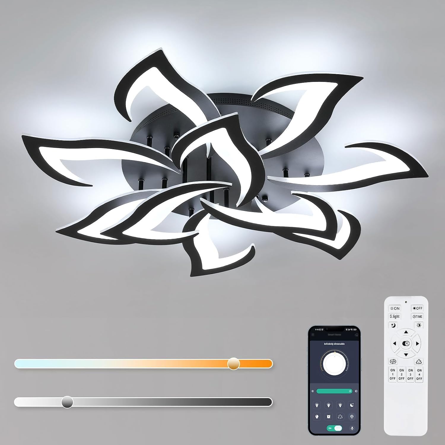 Goeco Dimmable Ceiling Light, Black Flower Ceiling Light Fixture with Remote Control and App, Modern LED Acrylic Close to Ceiling Light for Living Room, Bedroom, Kitchen, CCT: 3000K-6500K