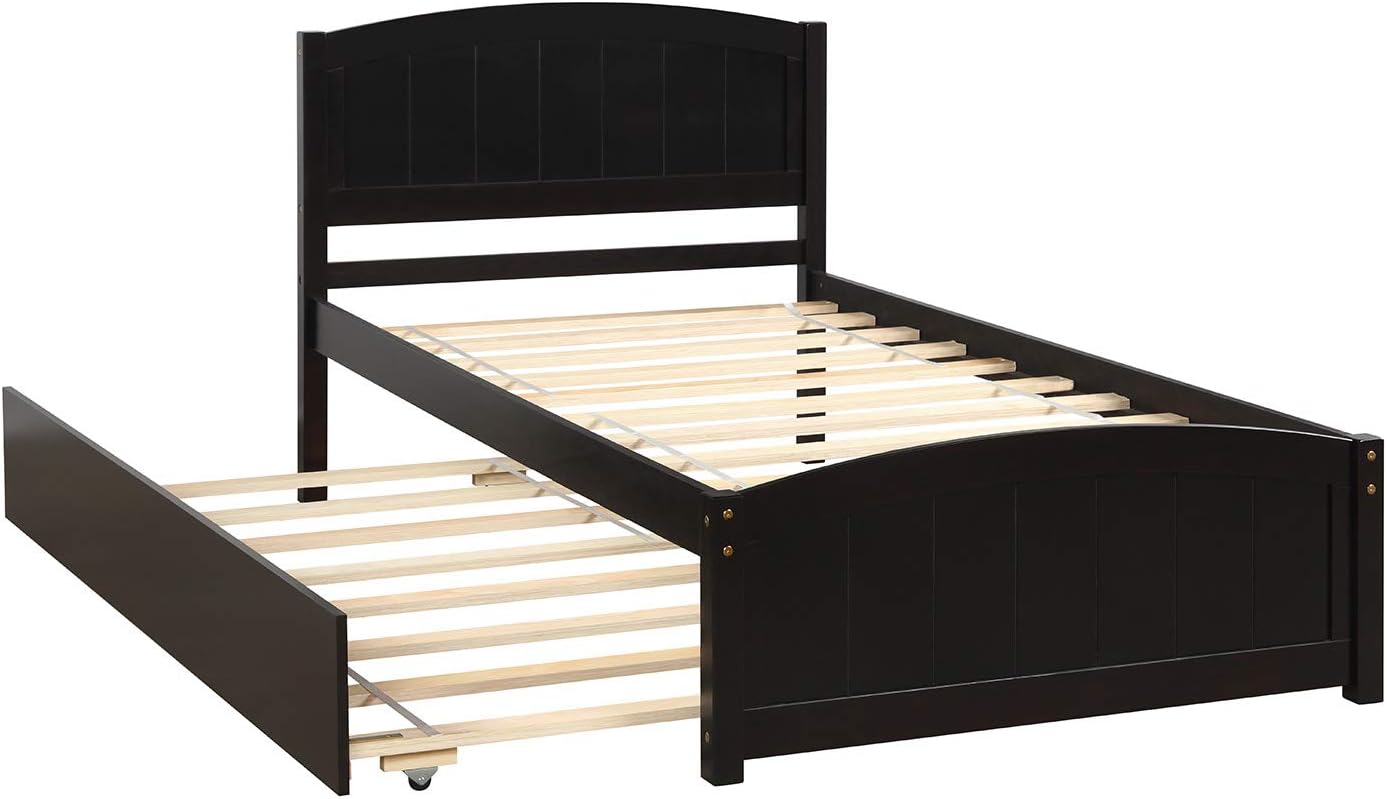 Modern Solid Wood Platform Bed with Trundle Classic Bed Frame with Headboard, No Box Spring Needed Space Saving, Twin Espresso