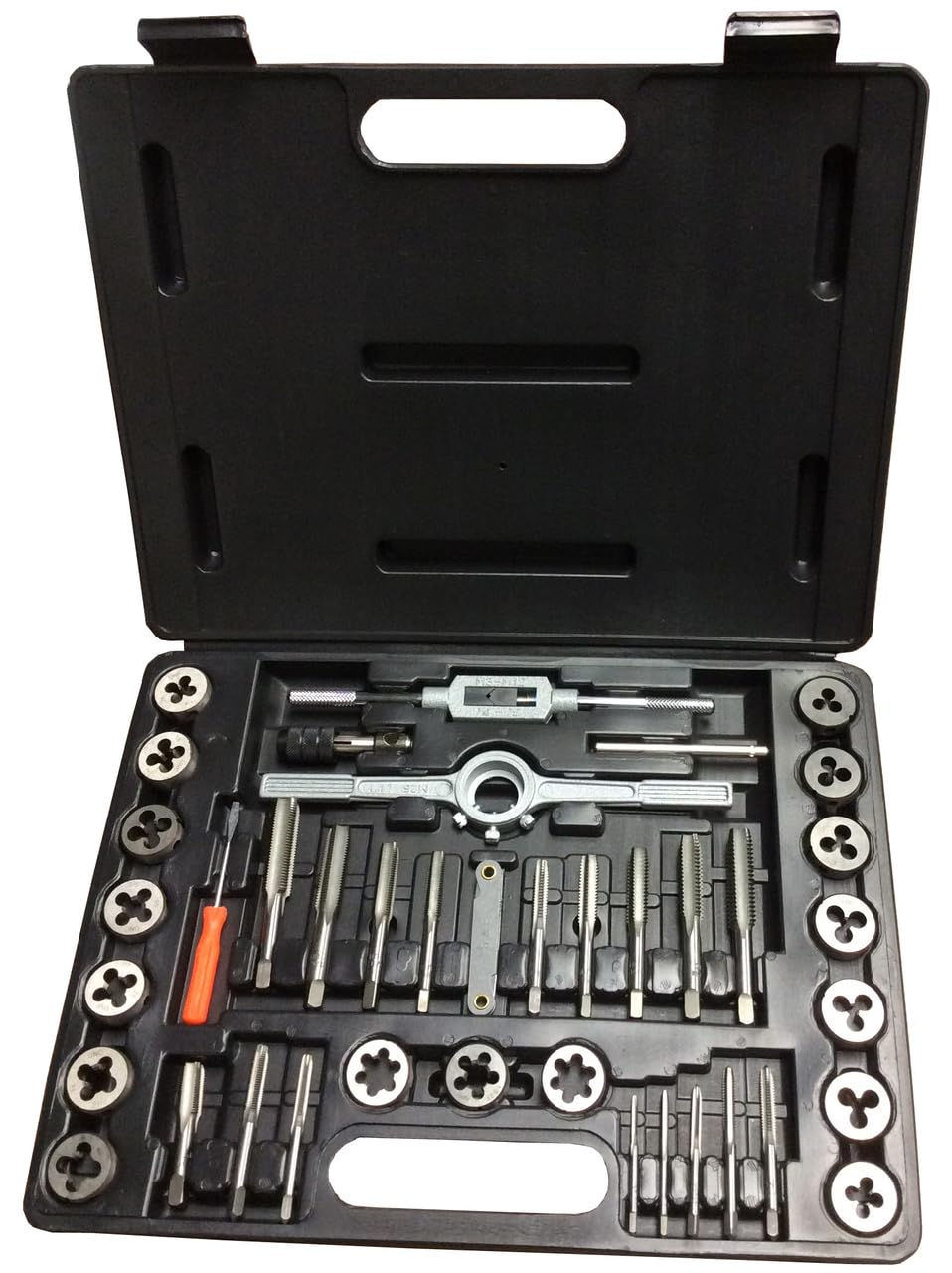 Drill America 40 Piece Carbon Steel Tap and Die Set with Hex Dies (3mm - 12mm NC and NF), DWT Series