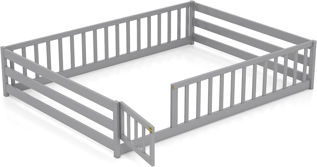 BECOMFORT Full Size Floor Bed for Kids, Kids Wood Bed Frame with Door, Latch & Safety Guardrails, Montessori Bed for Boys Girls
