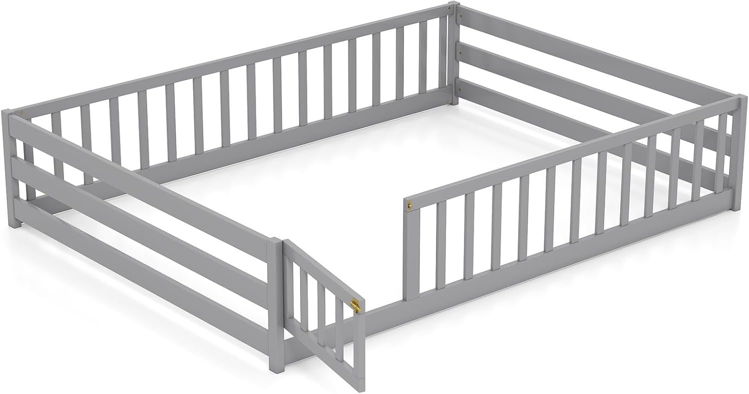 BECOMFORT Full Size Floor Bed for Kids, Kids Wood Bed Frame with Door, Latch & Safety Guardrails, Montessori Bed for Boys Girls