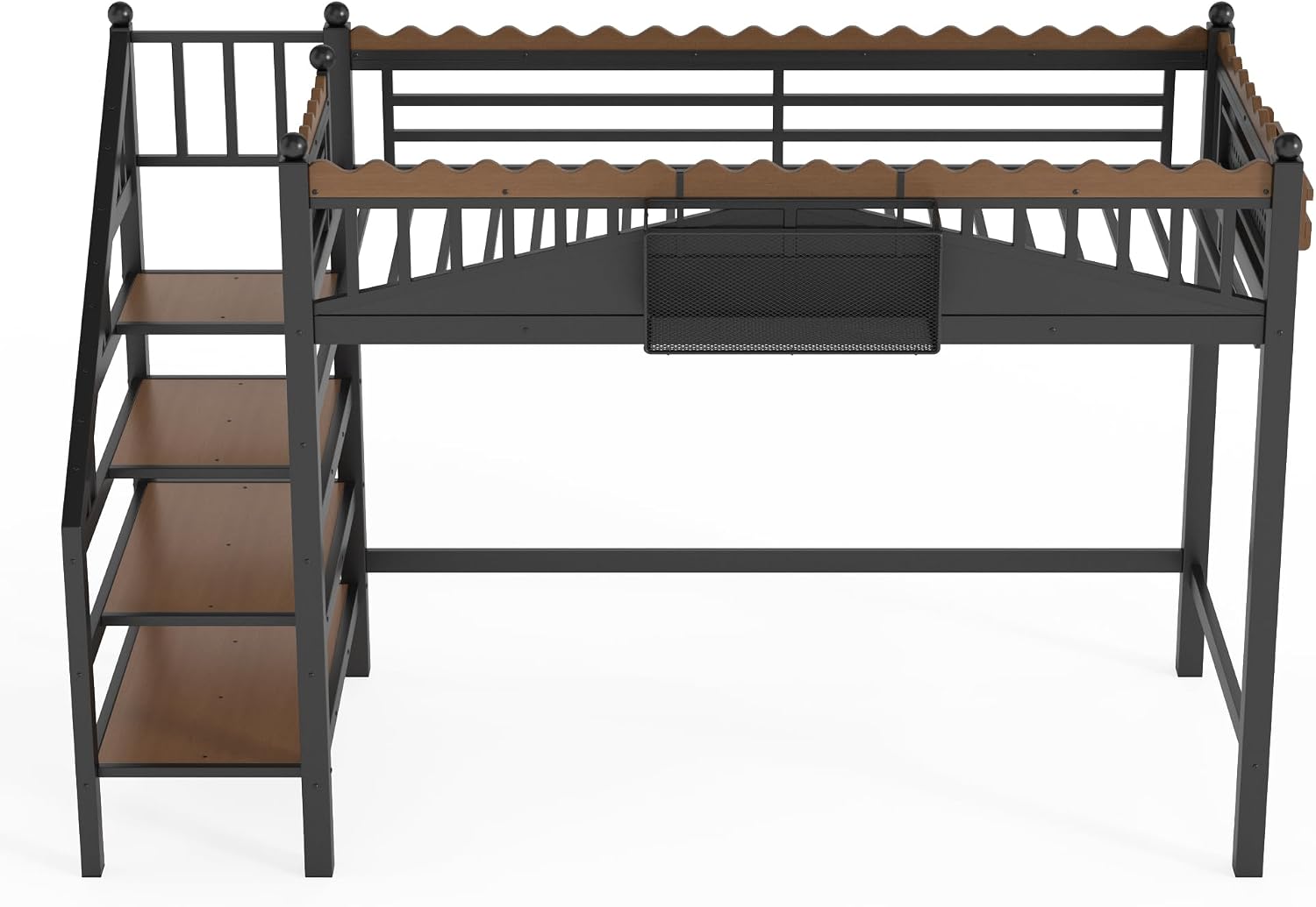 JIVOIT Twin XL Size Metal Loft Bed Frame, Space-Saving Loft Bed with Storage Stairs, Storage Shelves and Bookshelf, Strong Support Slats, Perfect for Bedroom, Guest, Dorms