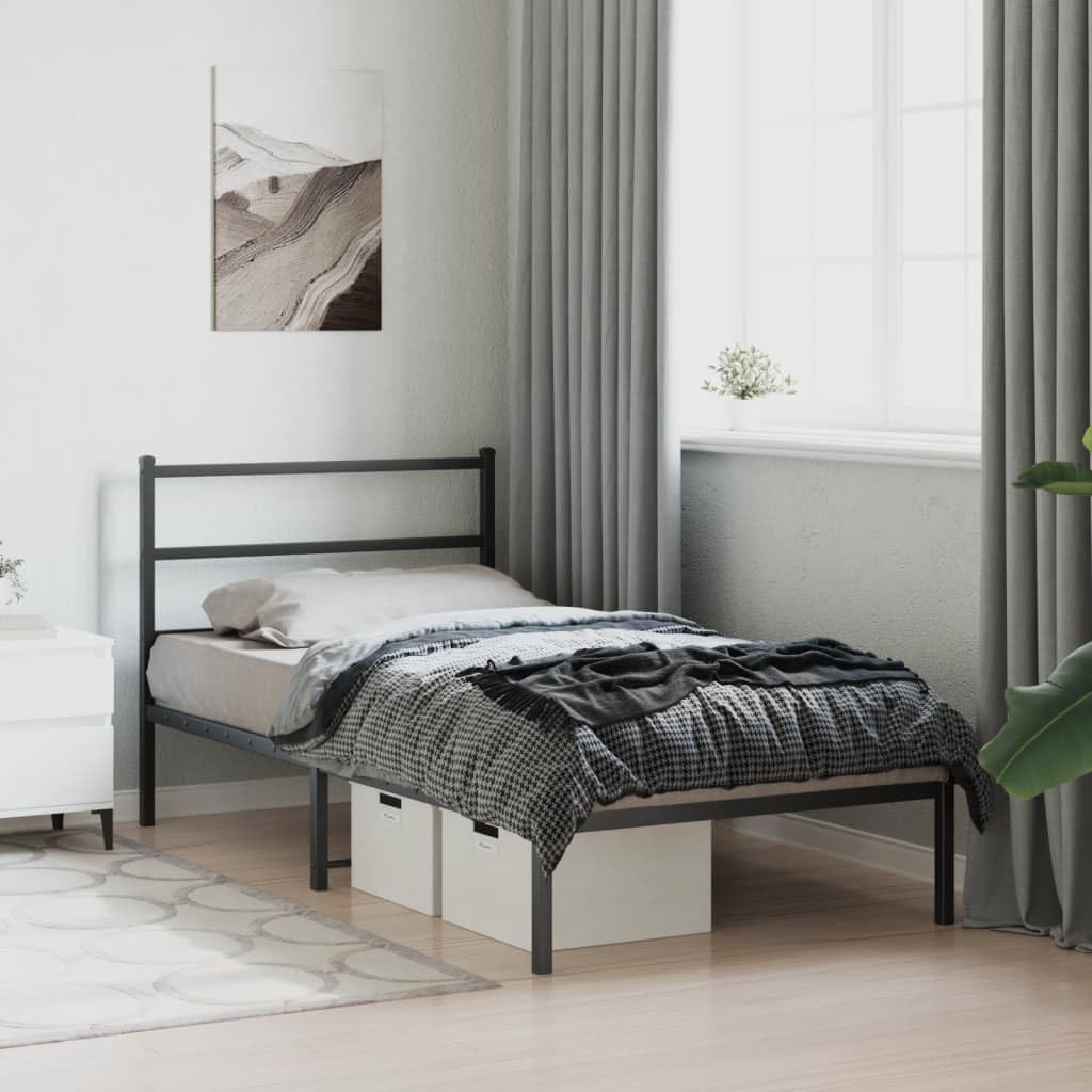 Twin Bed Frame Black Steel Modern Platform Bed with Storage and Elegant Headboard Sturdy Metal Frame for Bedroom Guest Room