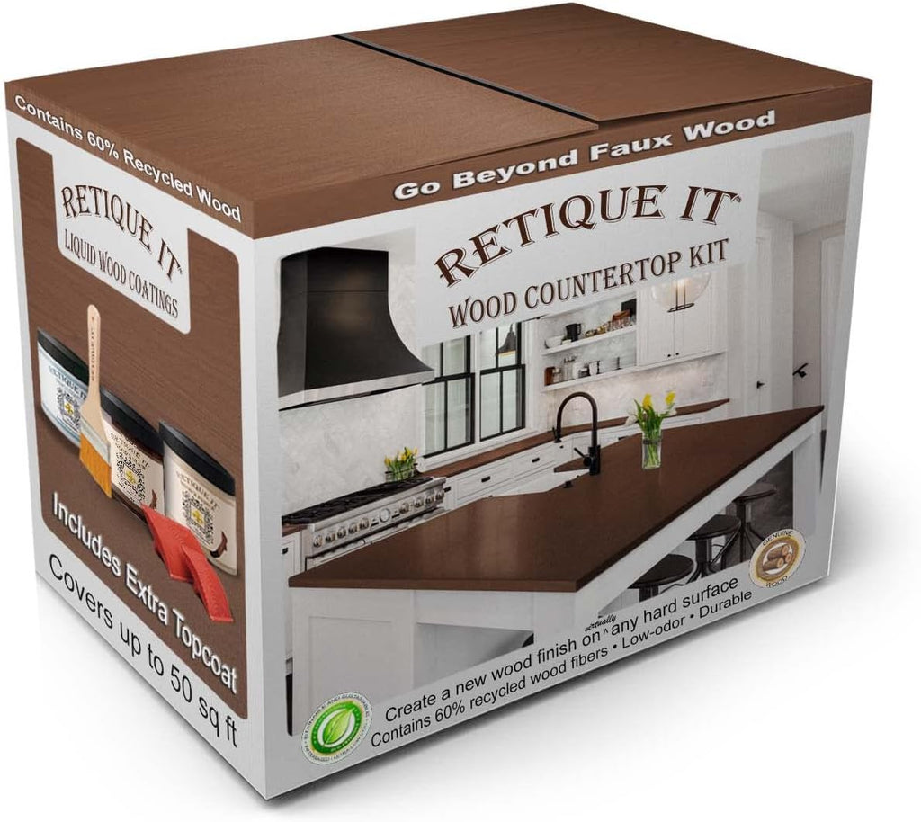 Retique It Wood Finish Countertop Kit – GO Beyond Faux Wood with Paintable Liquid Wood Based Primer and Gel Stain - Graining Tools Included (Countertop Kit, Java)