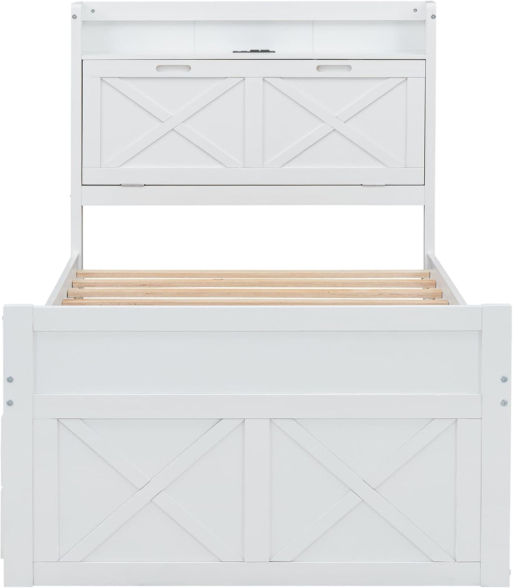 Twin Size Captain Wooden Bed Frame with Storage Headboard & Outlets | Extendable Platform Bed with Twin Trundle & 3 Storage Drawers | Modern Farmhouse Bedroom Furniture Set (White, Twin)