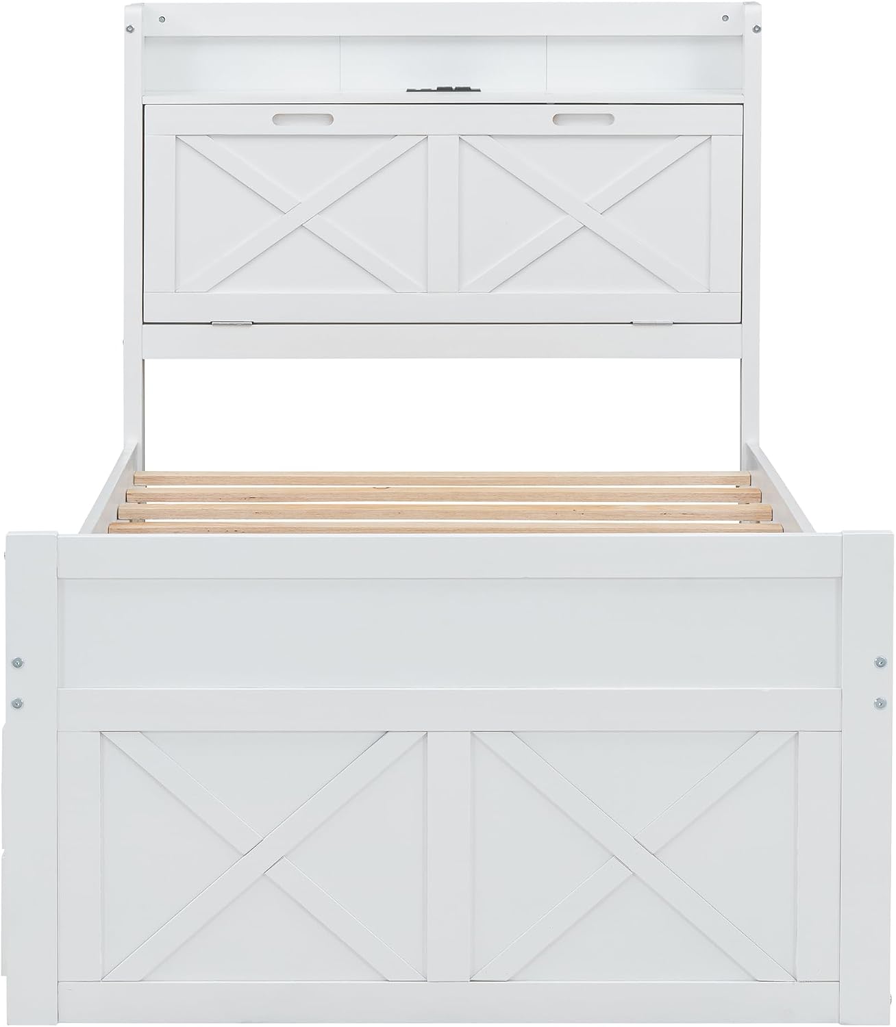 Twin Size Captain Wooden Bed Frame with Storage Headboard & Outlets | Extendable Platform Bed with Twin Trundle & 3 Storage Drawers | Modern Farmhouse Bedroom Furniture Set (White, Twin)