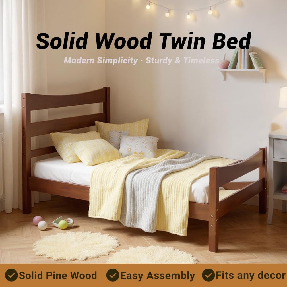 NAFORT Twin Size Wood Bed Frame/Twin Platform Bed Frame with Headboard and Footboard, Bed Frames for Boys Girls, Pine Wooden Mattress Foundation, No Box Spring Needed - Walnut