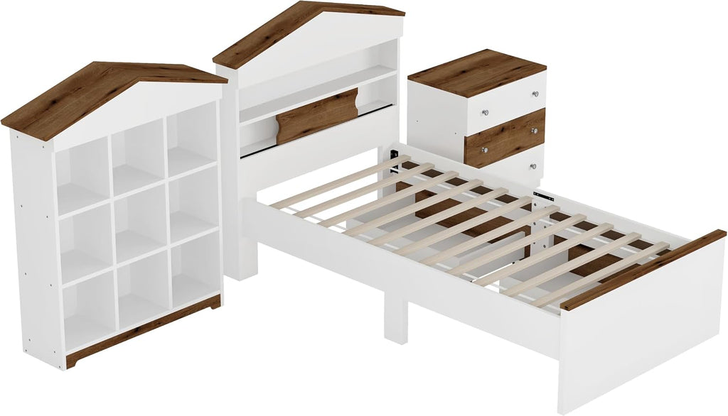 3 Pcs Bedroom Sets, Twin Size House Shaped Wooden Bed with Storage Drawers, Nightstand with Colorblock Design and House Shaped Stroage Rack, Brown+White