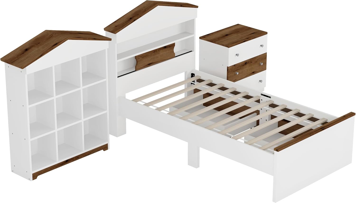 3 Pcs Bedroom Sets, Twin Size House Shaped Wooden Bed with Storage Drawers, Nightstand with Colorblock Design and House Shaped Stroage Rack, Brown+White