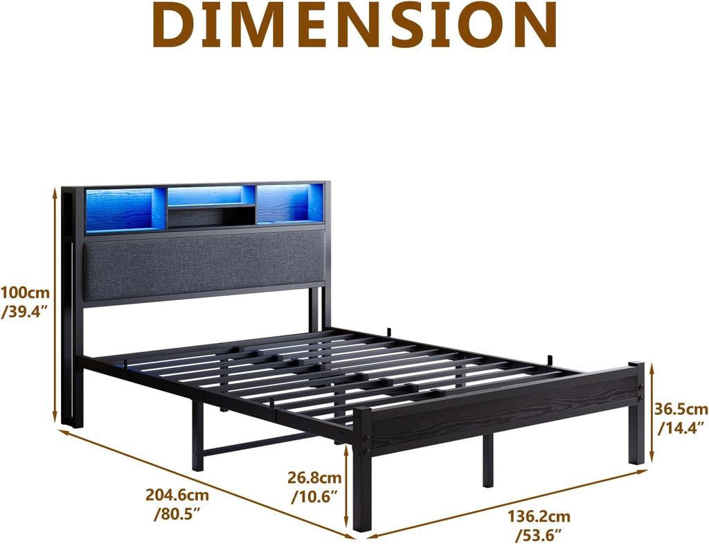 Full Size Bed Frame with Upholstered Headboard and Storage Shelves, Bed Frame with Charging Station and LED Lights,Metal Platform Bed Frame,No Box Spring Needed,Noise Free,Easy Assembly,Black
