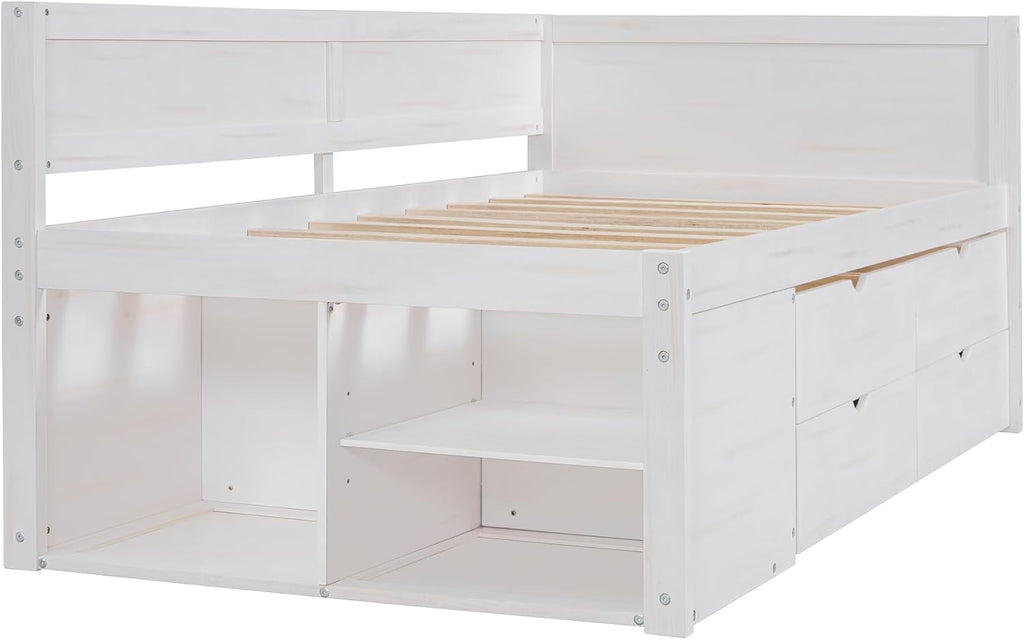 Twin Size Daybed with 4 Pull-Out Drawers and 3 Functioning Shelves,Solid Wood Day Bed Frame with Wooden Slats Support for Bedroom,No Box Spring Required (White-AB40)