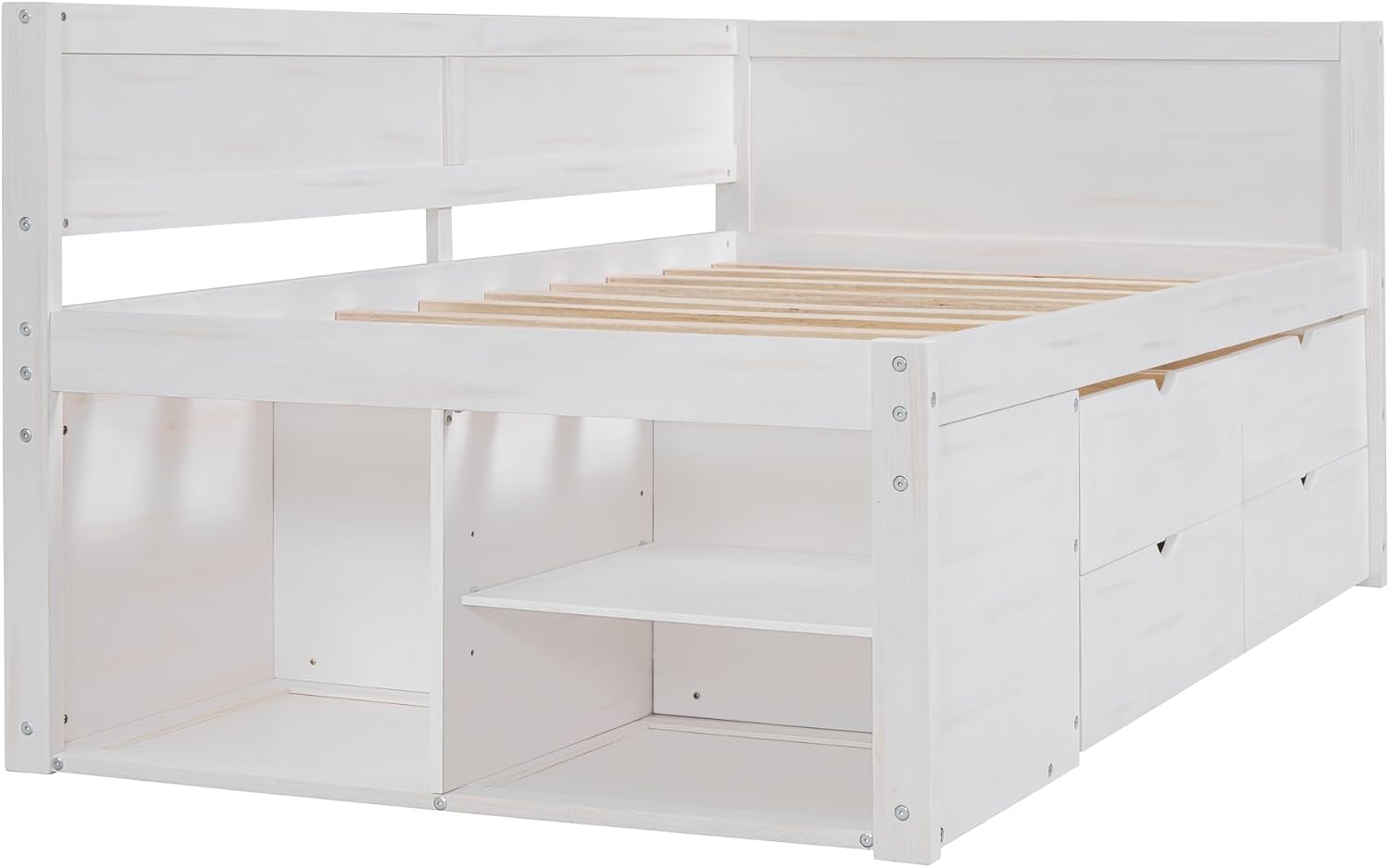 Twin Size Daybed with 4 Pull-Out Drawers and 3 Functioning Shelves,Solid Wood Day Bed Frame with Wooden Slats Support for Bedroom,No Box Spring Required (White-AB40)