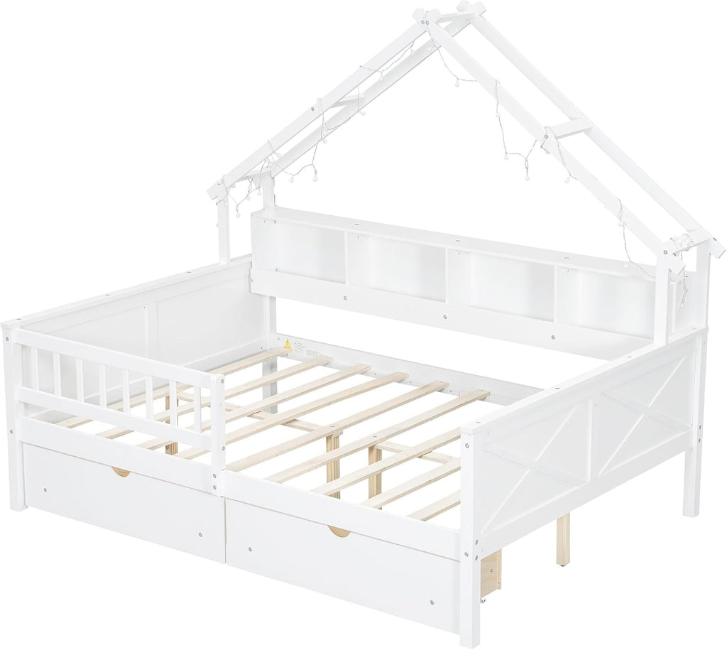 JIVOIT House Beds Wood Platform Bed, Full Size Platform Bed Frame with Storage Shelves, Drawers and Guardrail, Wood Slats Support, No Box Spring Needed (White/509)
