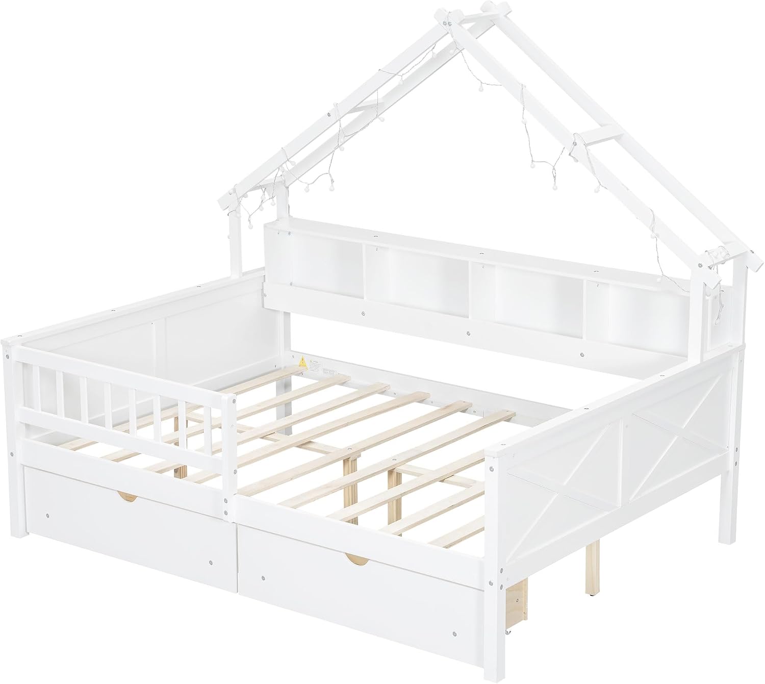 JIVOIT House Beds Wood Platform Bed, Full Size Platform Bed Frame with Storage Shelves, Drawers and Guardrail, Wood Slats Support, No Box Spring Needed (White/509)