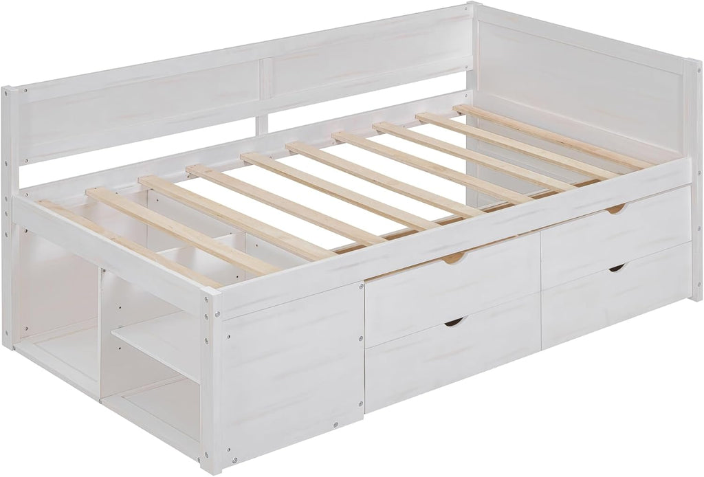 Twin Size Daybed with 4 Pull-Out Drawers and 3 Functioning Shelves,Solid Wood Day Bed Frame with Wooden Slats Support for Bedroom,No Box Spring Required (White-AB40)