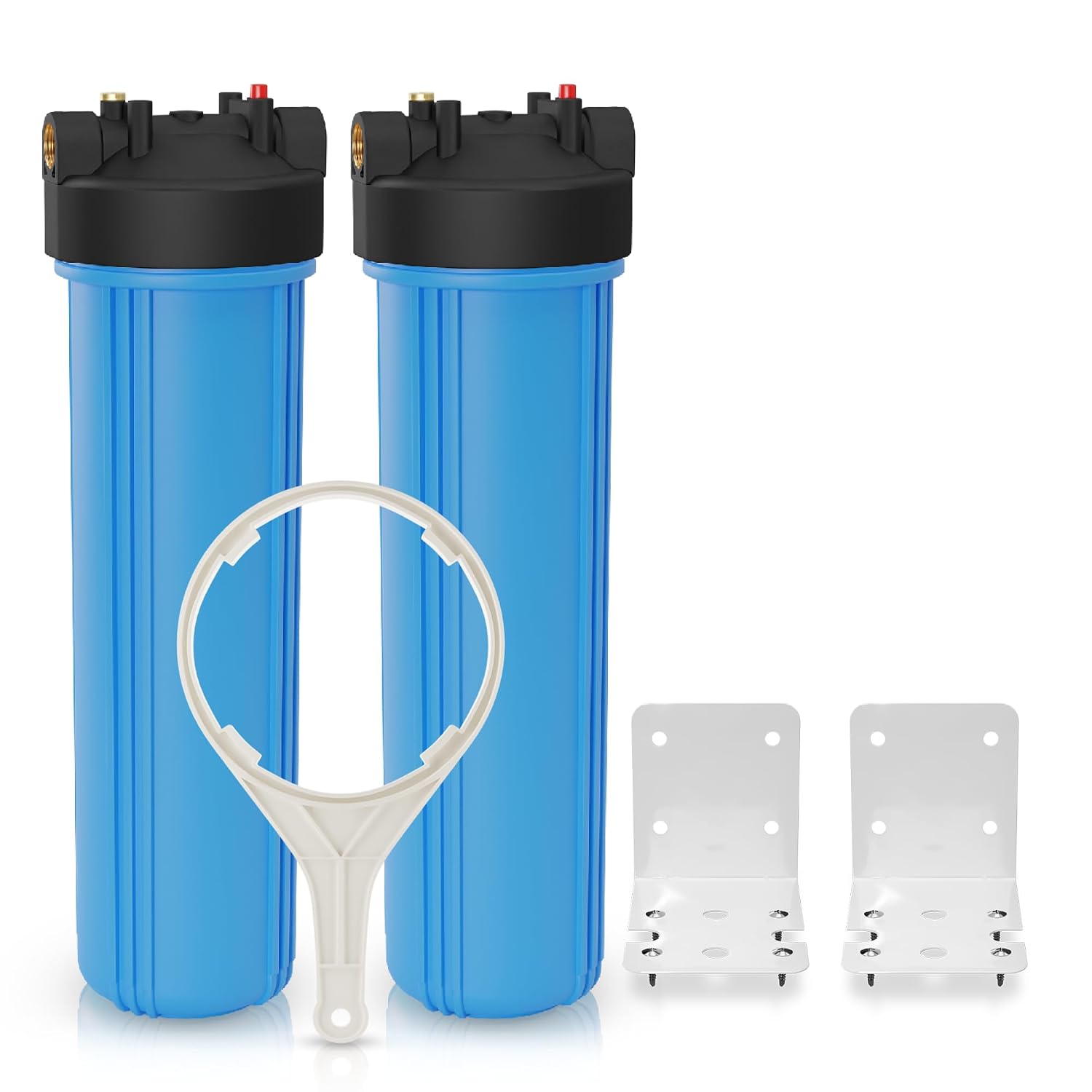 Max Water 20x4.5 Whole House Water Filter Housing, Heavy Duty Big Filter Blue Housing w/Pressure Release, Wrench and Bracket, 1' NPT, 20 Inch, Pack of 2