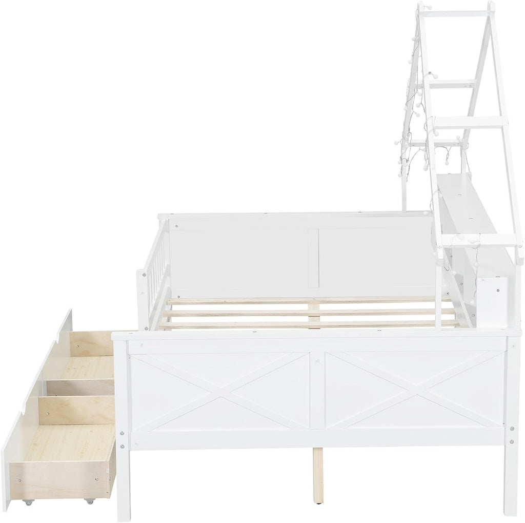 JIVOIT House Beds Wood Platform Bed, Full Size Platform Bed Frame with Storage Shelves, Drawers and Guardrail, Wood Slats Support, No Box Spring Needed (White/509)