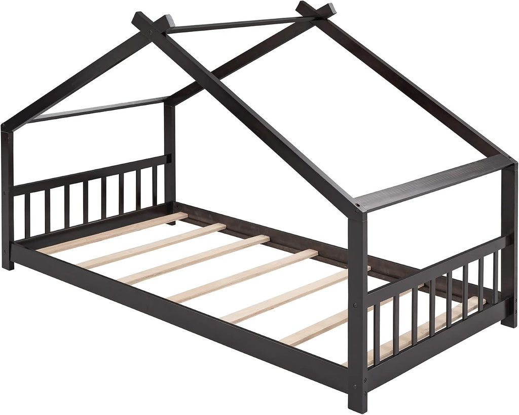 JIVOIT Twin Size Wood House Bed, Solid Wood Tent Bed Canopy Bed Frame with Roof Design, Twin Floor Bed with Wood Slats Support, No Box Spring Needed (Espresso-Twin-Pinewood)