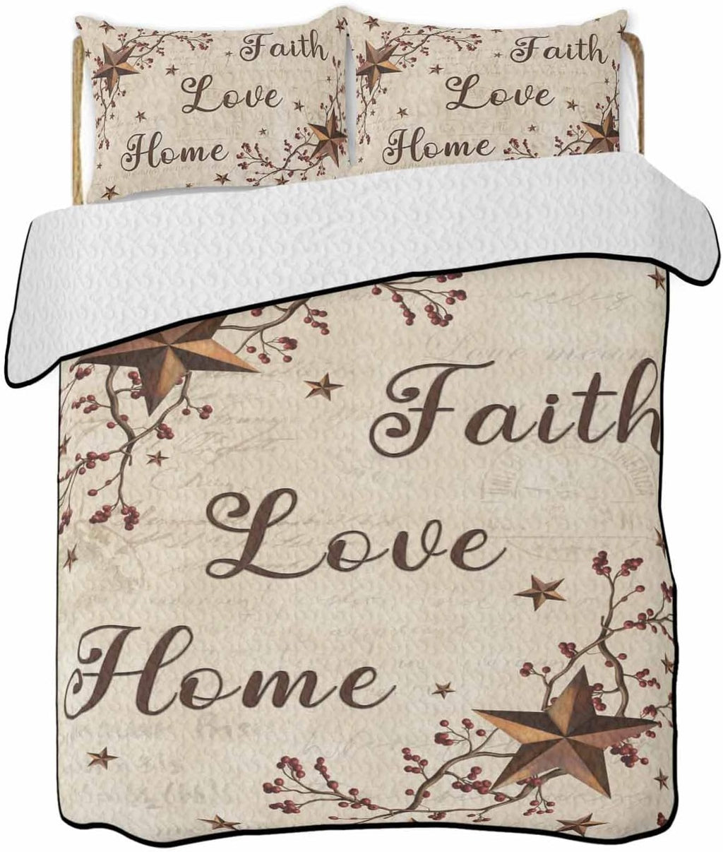 Quilt King Size Bedding Set, Brown Farmhouse Lightweight Summer Quilt 3 Pieces Bedding Sets, Retro Country Stars Rustic Branches Berry Bedspreads Coverlets with 2 Pillow Shams for All Season