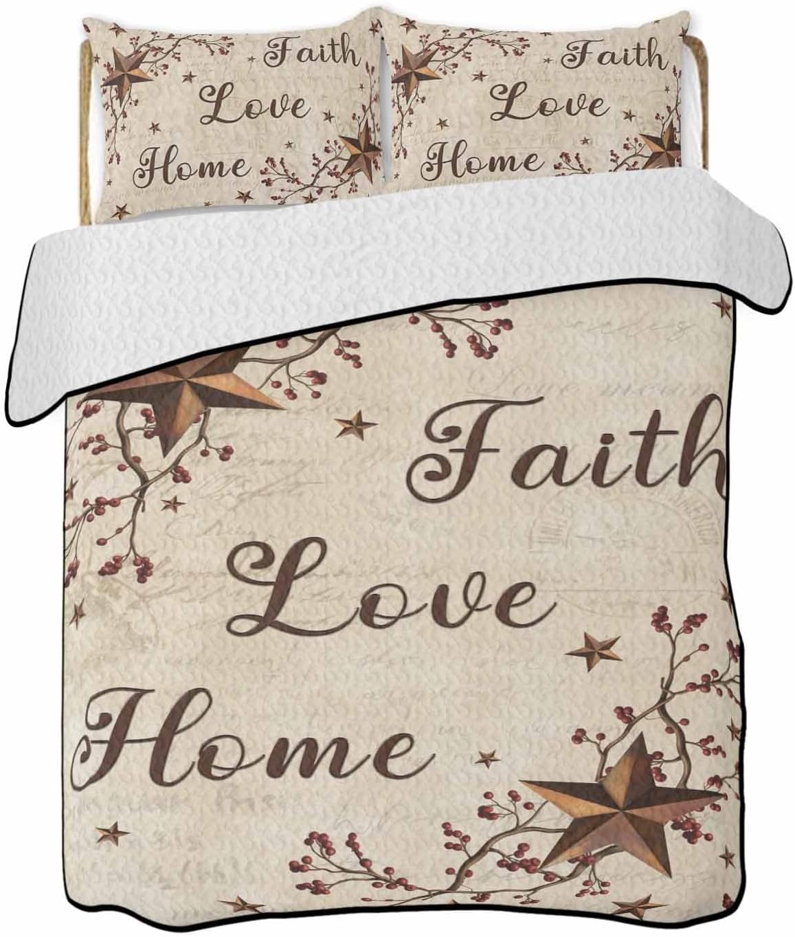 Quilt King Size Bedding Set, Brown Farmhouse Lightweight Summer Quilt 3 Pieces Bedding Sets, Retro Country Stars Rustic Branches Berry Bedspreads Coverlets with 2 Pillow Shams for All Season