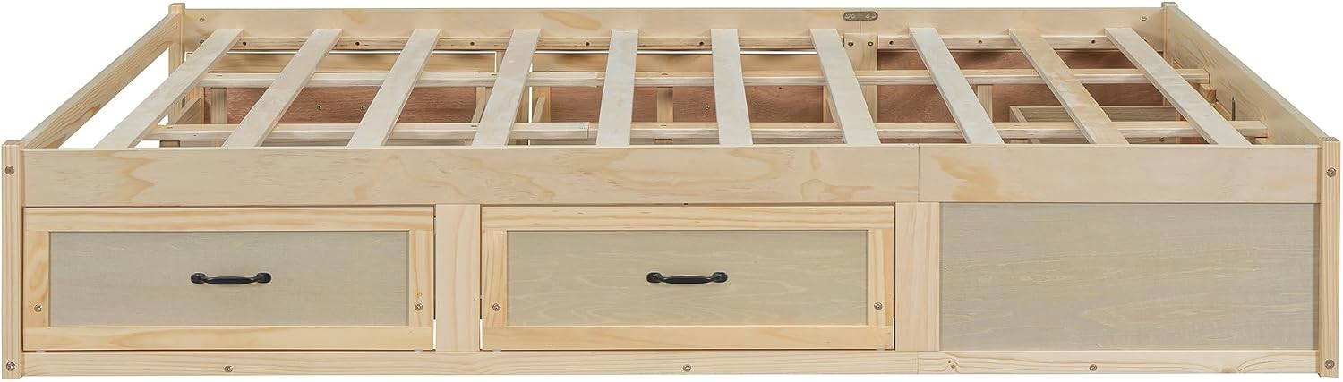 Queen Size Wooden Platform Bed with 6 Storage Drawers, No Box Spring Needed (Antique Natural, Queen)