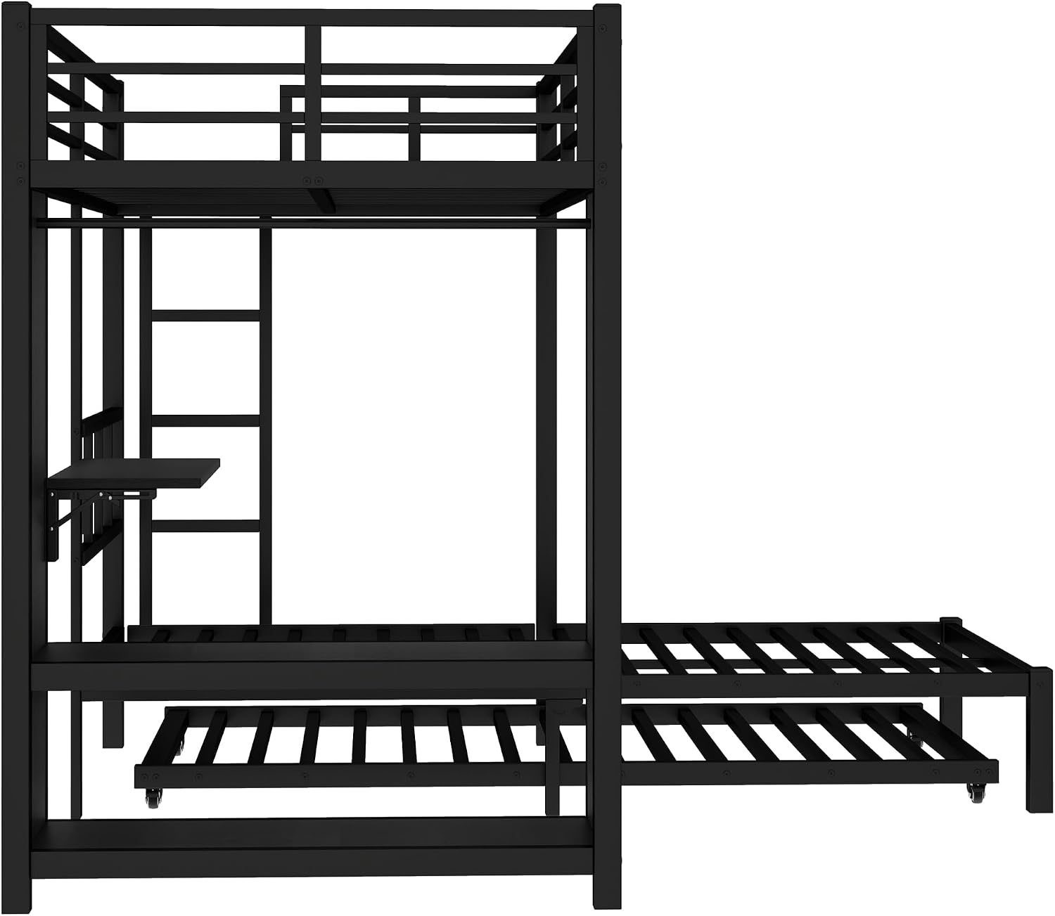 JIVOIT Metal Bunk Bed with Trundle, Twin Over Twin Bunk Bed with Foldable Desk, Built-in Wardrobe, Ladders and Safety Guard, Noise-Reduced Design, Space-Saving, No Box Spring Needed