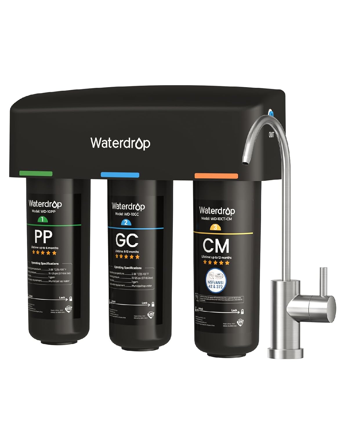 Waterdrop TSB-10-CM Under Sink Water Filter System Reduce Chloramine, Chlorine for CA, FL and Washington, D.C., Under Sink Water Filtration System with Brushed Nickel Faucet,NSF/ANSI 42 Certified