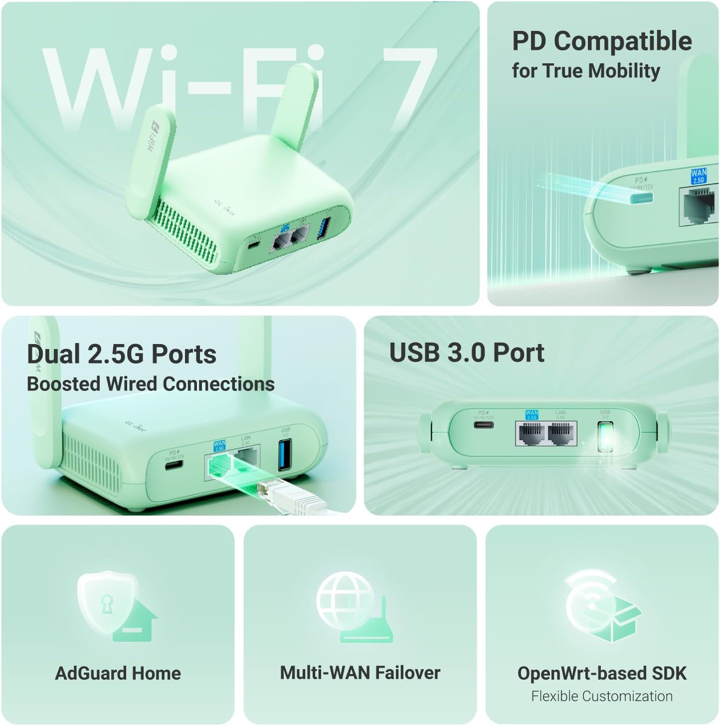 GL.iNet GL-MT3600BE (Beryl 7) Portable Travel Router, Pocket Wi-Fi 7 Wireless 2.5G Router, Mini Portable VPN Routers WiFi for Car, Travel, Public Computer Routers, Business, Mobile/RV/Cruise/Plane