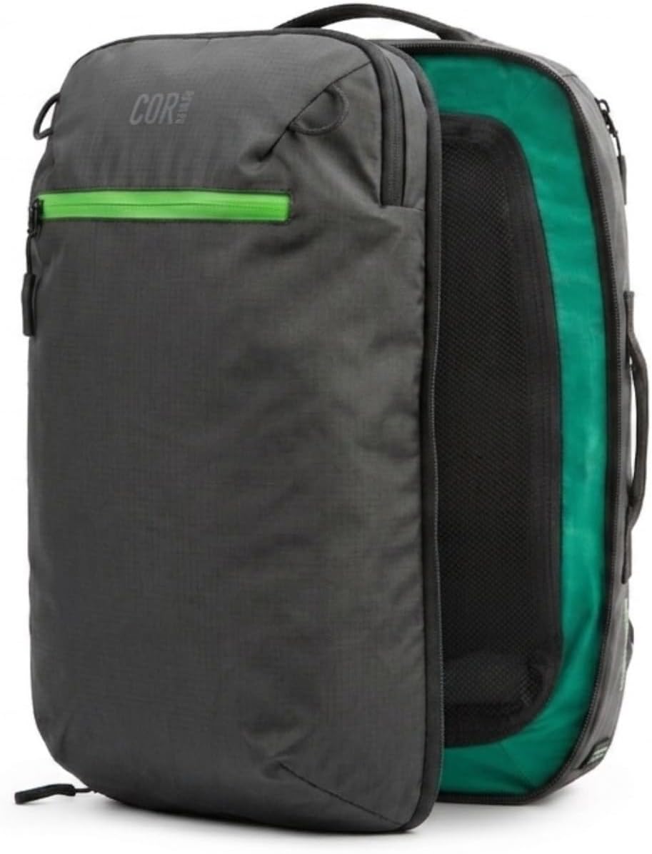 COR Surf Travel Backpack Carry On Backpack for Airplanes - Island Hopper 2.0 Travel Backpack with Clamshell Design | Black with Green Zipper (34L Matte Black)