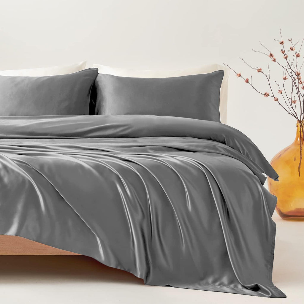 Twin XL Size 4-Piece Sheet Set Premium Mulberry Silk Bed Sheets Set Fits 14-16' Deep Pocket - Luxurious Soft Silk (Solid, Elephant Grey)