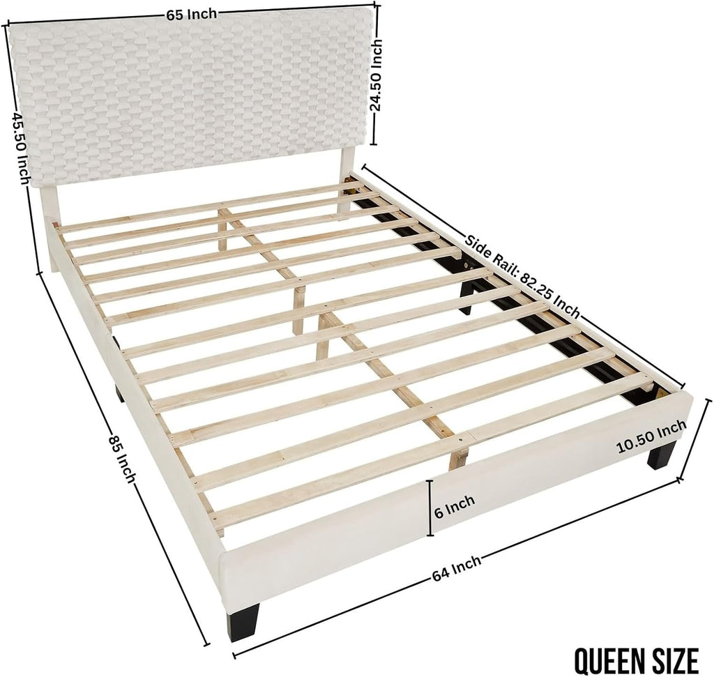 Bed Queen Size Set Furniture, Vintage Boho Bed Frame White Fabric MDF Upholstered 85' L x 65' W x45.5 H