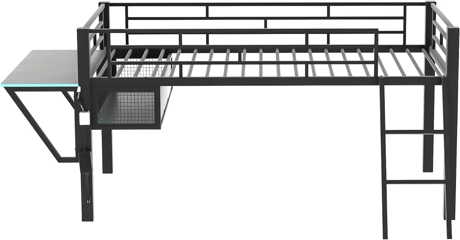 Modern Gaming Mid Loft Bed with Built-in LED Lights & Large Desk, High Sleeper Twin Size Bed with PC Gaming Setup for Teenagers, Space-Saving Furniture for Small Room (Black + Twin)