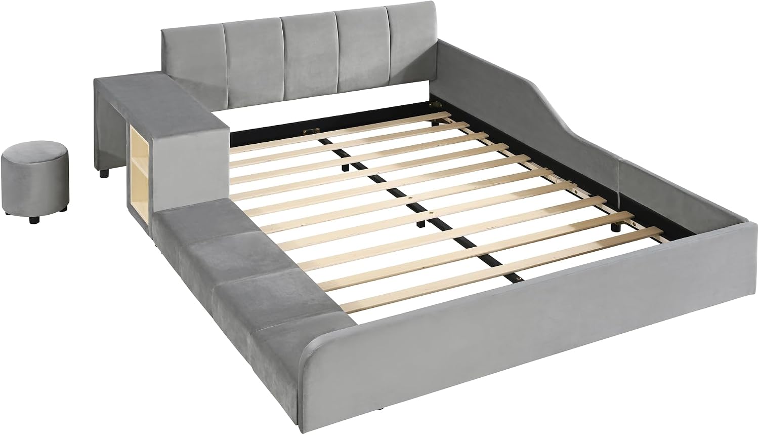 Upholstered Grounded Bed, Full Size Mother & Child Bed with Bedside Desk and Little Round Stool, Velvet Fabric, No Box Spring Needed (Gray, Full)