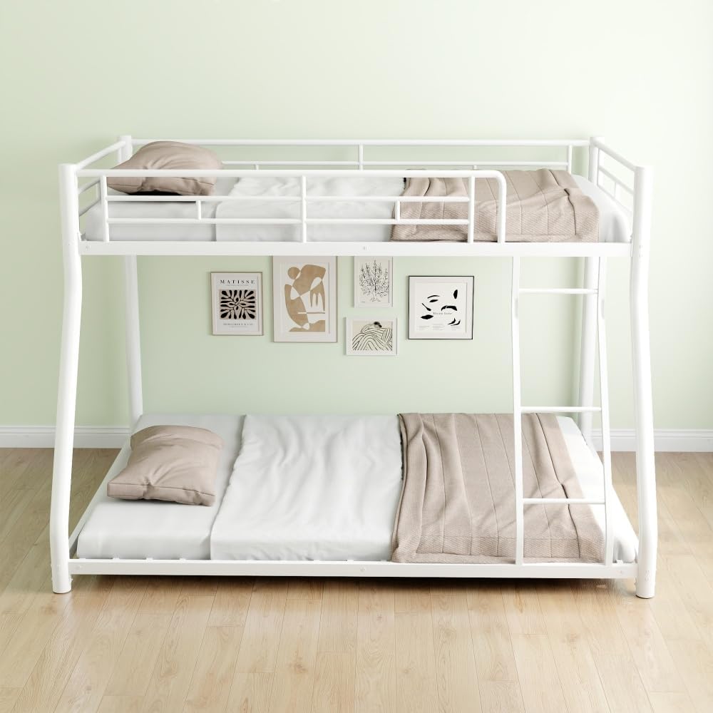 Twin Over Full Metal Bunk Bed, with Ladder & Full-Length Guardrail for Teens Adults, Noise Free (White + Metal + Metal)